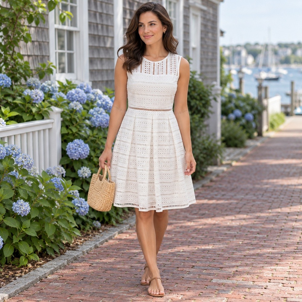 Vineyard Vines Womens 4 White Eyelet Sleeveless Fit & Flare Dress Made in Italy